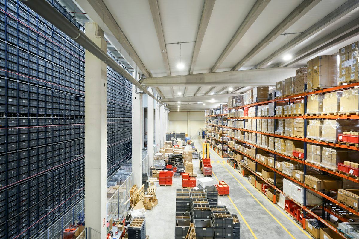 Large warehouse with racked inventory